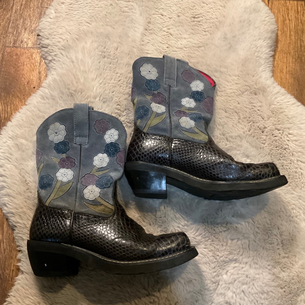 Ariat Western Boots Size 9 Heeled Womens Black Square Toe Cowboy Suede Floral Tp - Picture 5 of 10